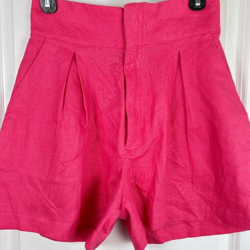 High Waist Zip Front Linen Shorts Pink Pockets Blanco Y Sepia S/M US 6